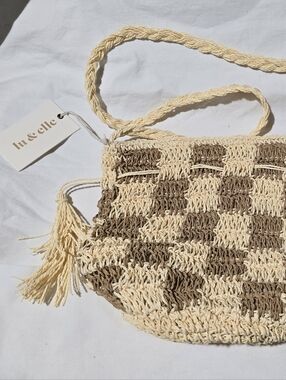 Lu & Elle Sundrift Tassel Bucket Bag Woven Tassel Checkered Crossbody Boho NWT